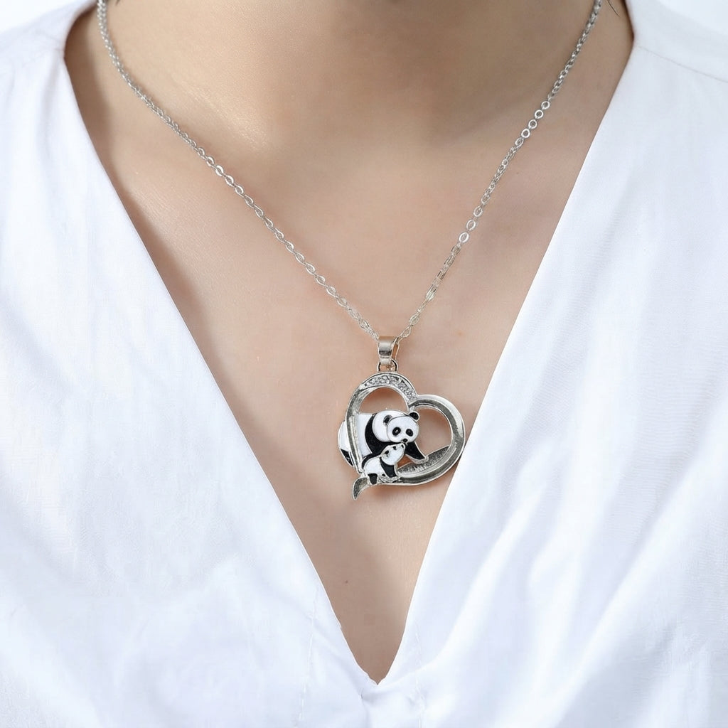 Heart-Shaped Mum Baby Panda Silver Tone Pendant Necklace