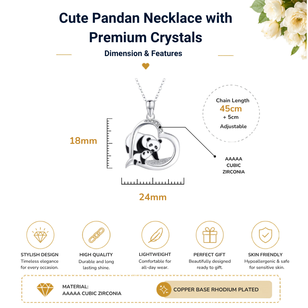 Heart-Shaped Mum Baby Panda Silver Tone Pendant Necklace
