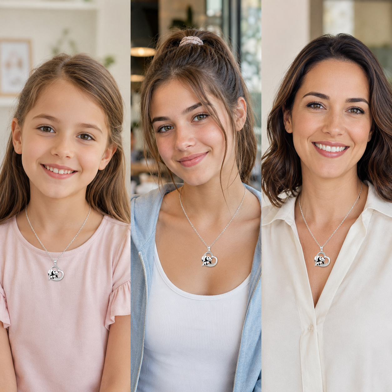 Heart-Shaped Mum Baby Panda Silver Tone Pendant Necklace