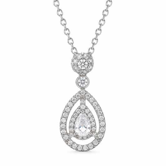 Teardrop Zircon Crystals Silver Tone Pendant Necklace