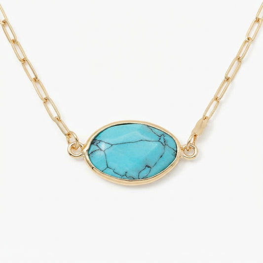 Oval Blue Turquoise Gemstone Gold Tone Pendant Necklace