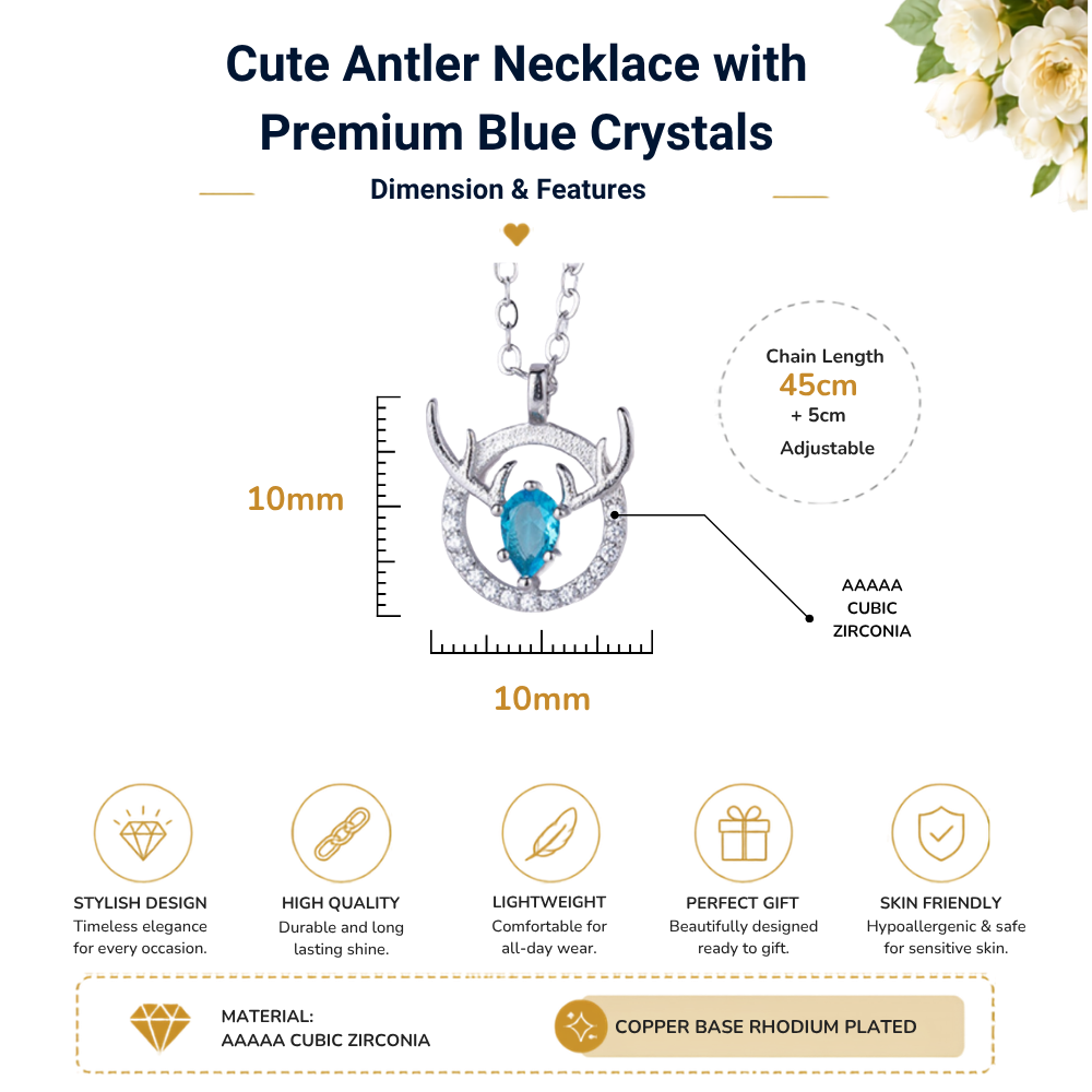Blue Crystal Antler Silver Tone Christmas Pendant Necklace
