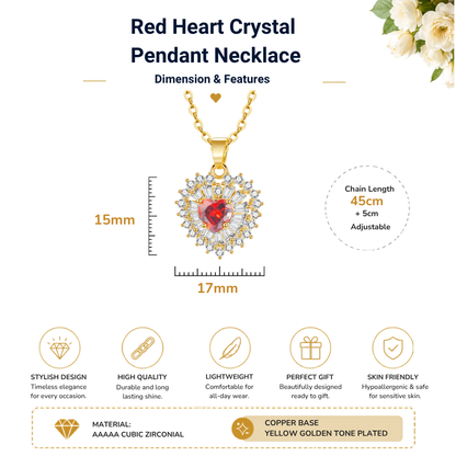 Red Ruby Zircon Crystals Love Heart Shaped Gold Tone Pendant Necklace