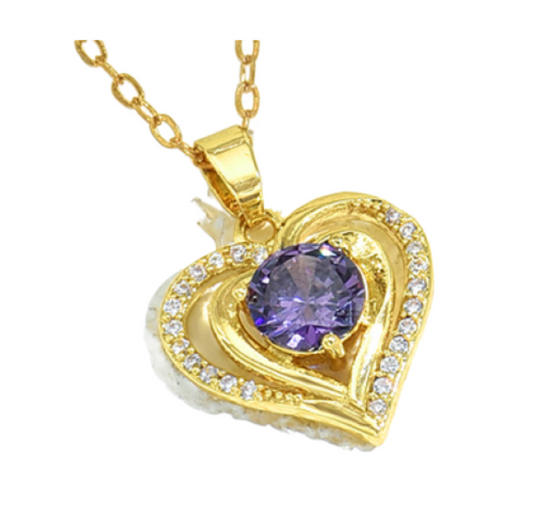 Heart-shaped Amethyst Zircon Crystals Gold Tone Pendant Necklace
