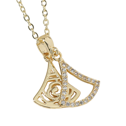 Double Fan-Shaped Zircon Crystals Gold Tone Pendant Necklace