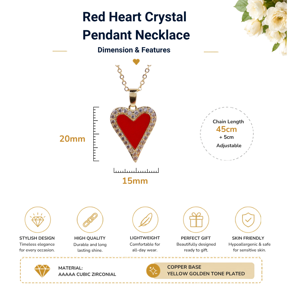 Red Acrylic Heart Zircon Crystals Gold Tone Pendant Necklace