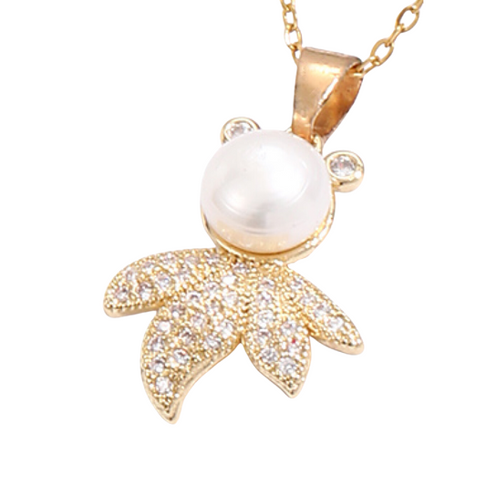 Cute Leaf Man with Pearl Zircon Crystals Gold Tone Pendant Necklace