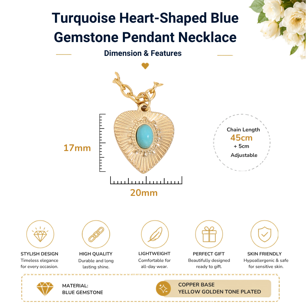 Turquoise Heart-Shaped Blue Gemstone Gold Tone Pendant Necklace