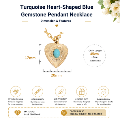 Turquoise Heart-Shaped Blue Gemstone Gold Tone Pendant Necklace