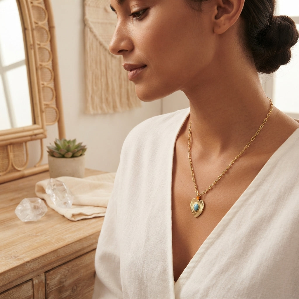 Turquoise Heart-Shaped Blue Gemstone Gold Tone Pendant Necklace