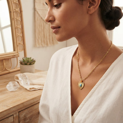 Turquoise Heart-Shaped Blue Gemstone Gold Tone Pendant Necklace