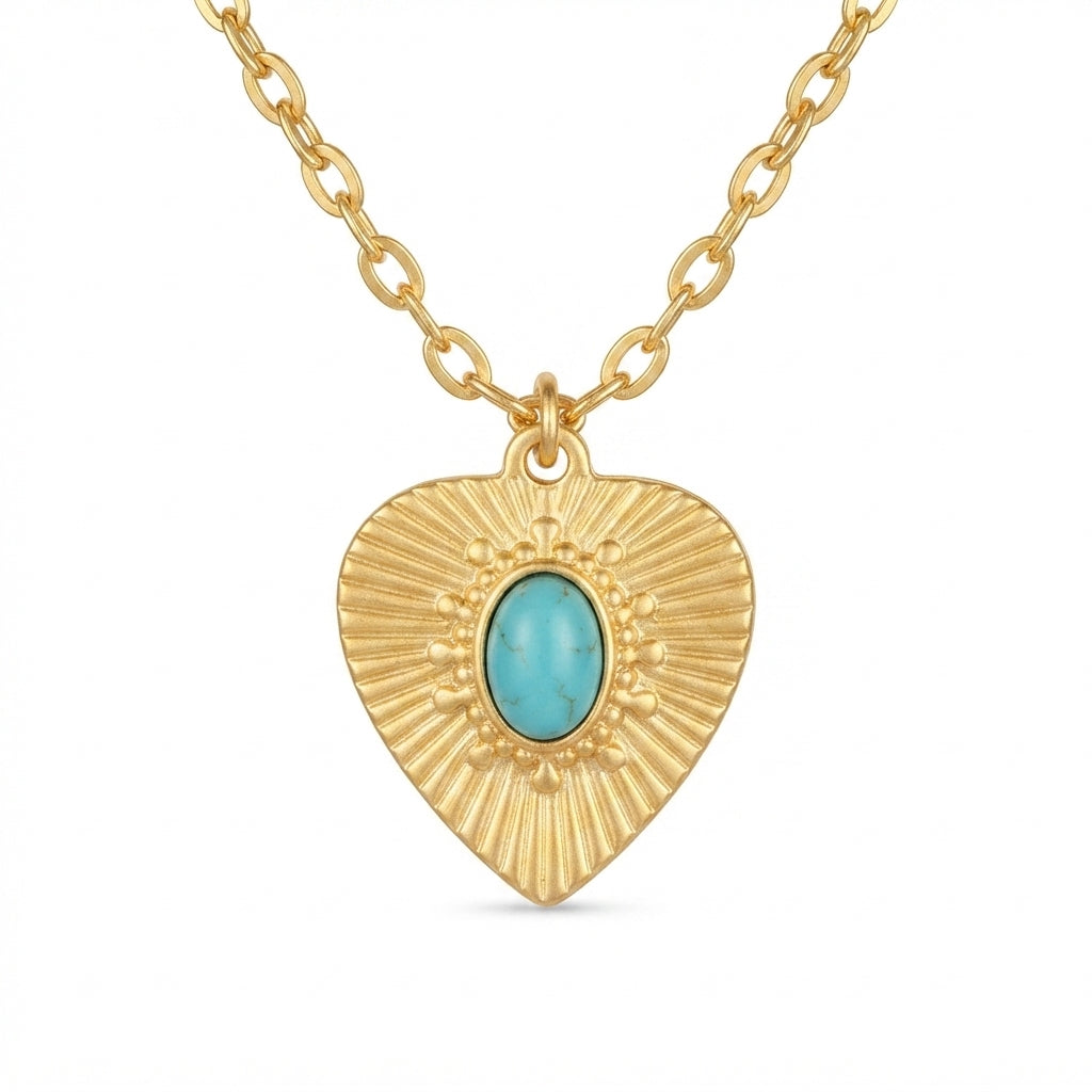 Turquoise Heart-Shaped Blue Gemstone Gold Tone Pendant Necklace