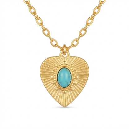 Turquoise Heart-Shaped Blue Gemstone Gold Tone Pendant Necklace