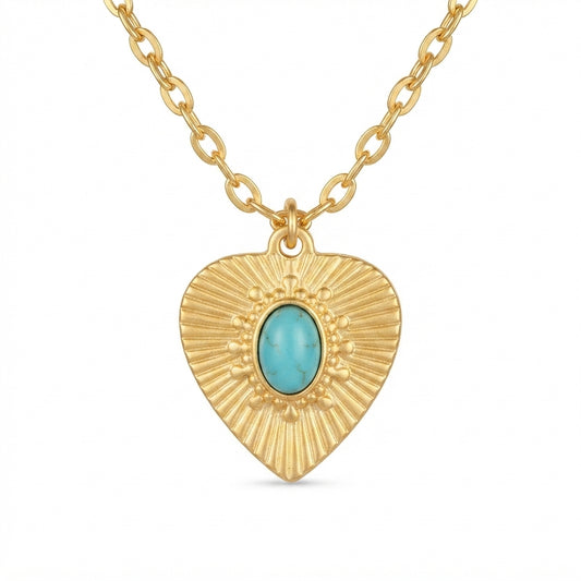 Turquoise Heart-Shaped Blue Gemstone Gold Tone Pendant Necklace