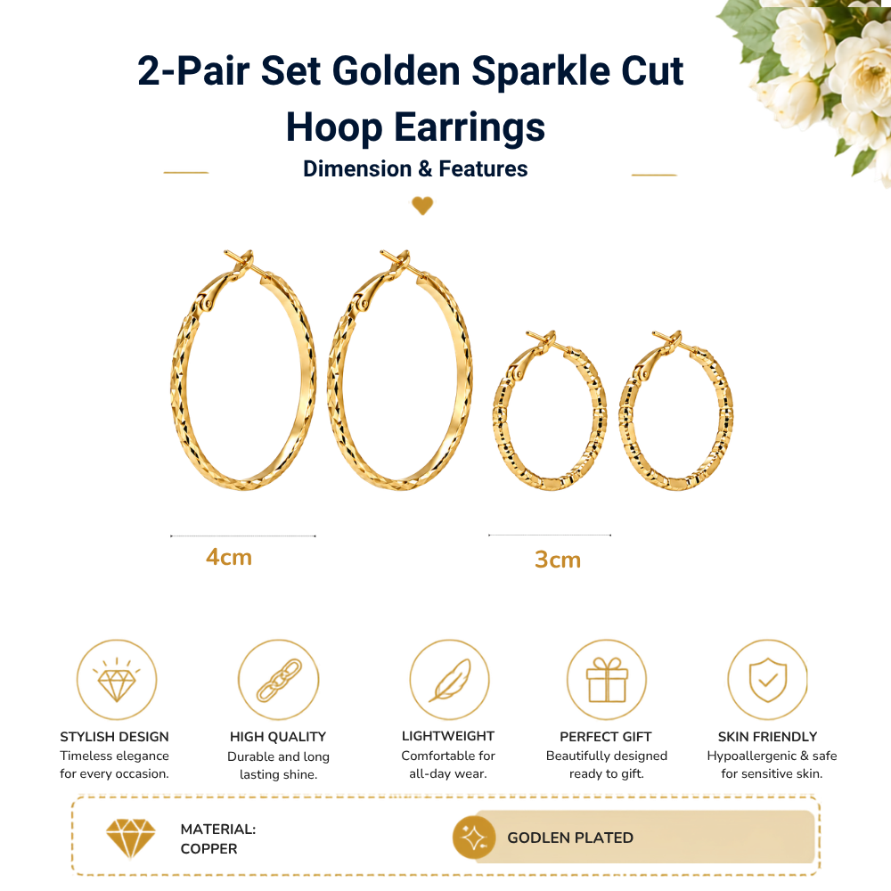 Set of 2 Pairs Sparkle Cut Hoop Earrings
