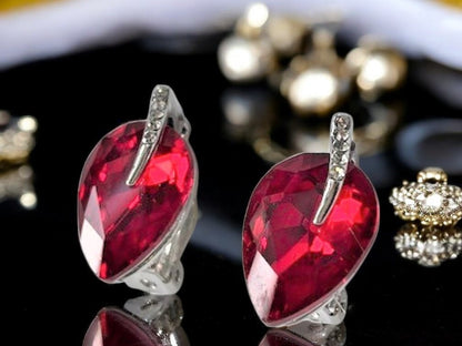 Crystal Silver Tone Leaf Stud Non Pierced Clip on Earrings