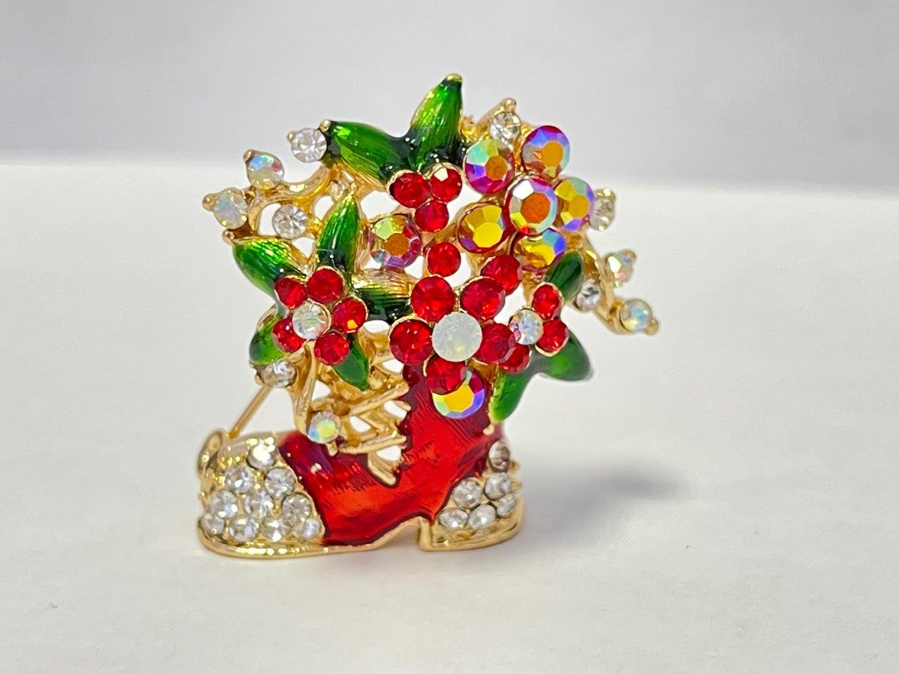 Christmas Rhinestone Crystal Stocking Boot Flower Brooch