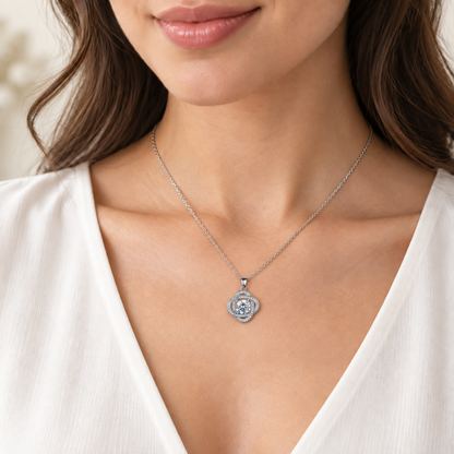 Four-Leaf Clover Lucky Zircon Crystals Silver Tone Pendant Necklace
