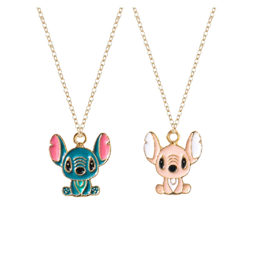 Lilo & Stitch Blue Pink Ohana Enamel Gold Tone Pendant Necklace