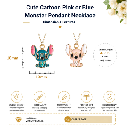 Lilo & Stitch Blue Pink Ohana Enamel Gold Tone Pendant Necklace