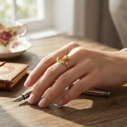 Golden Rose Flower with Zirconia Crystal Open Ring Adjustable