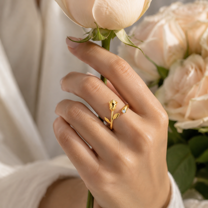 Golden Rose Flower with Zirconia Crystal Open Ring Adjustable