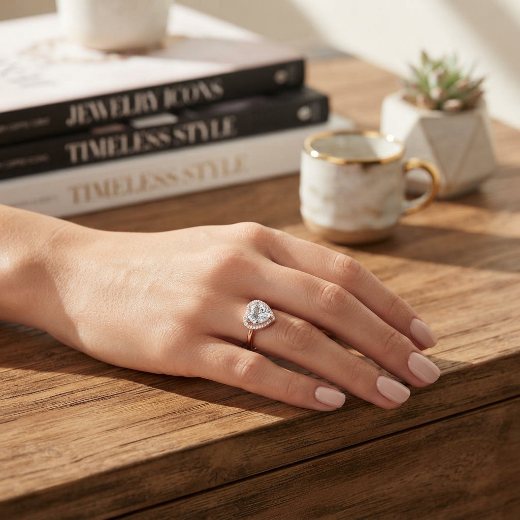 Halo Heart-Shaped Love Crystal Ring Rose Gold