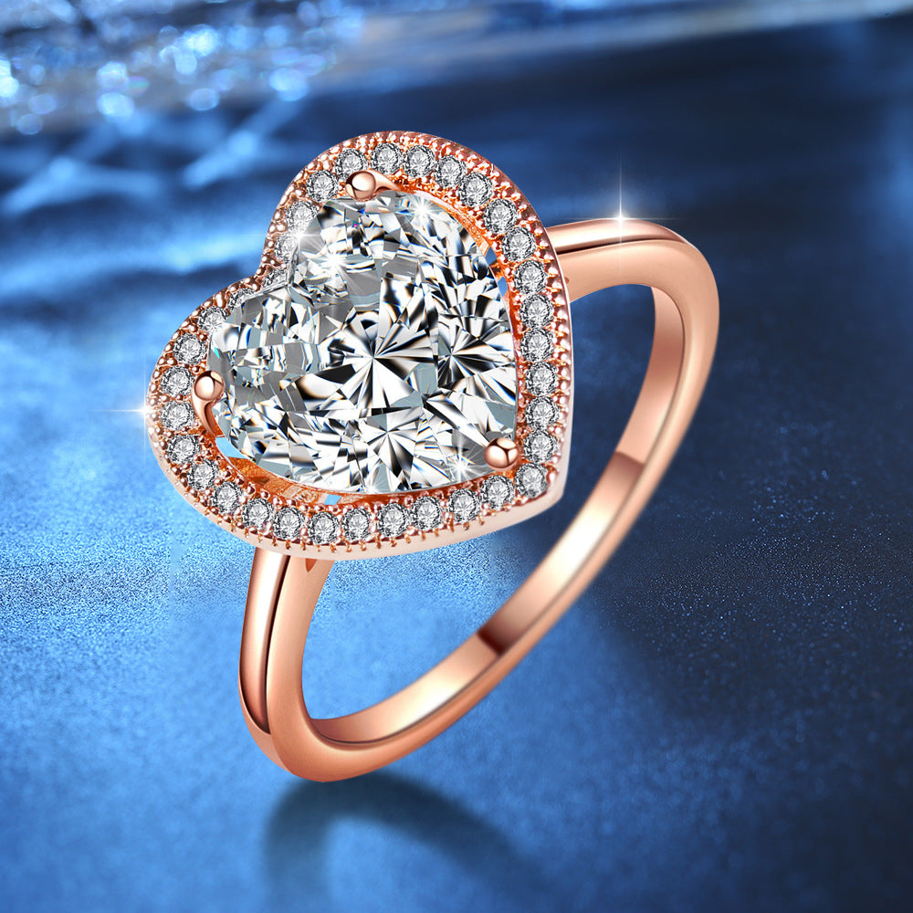 Halo Heart-Shaped Love Crystal Ring Rose Gold