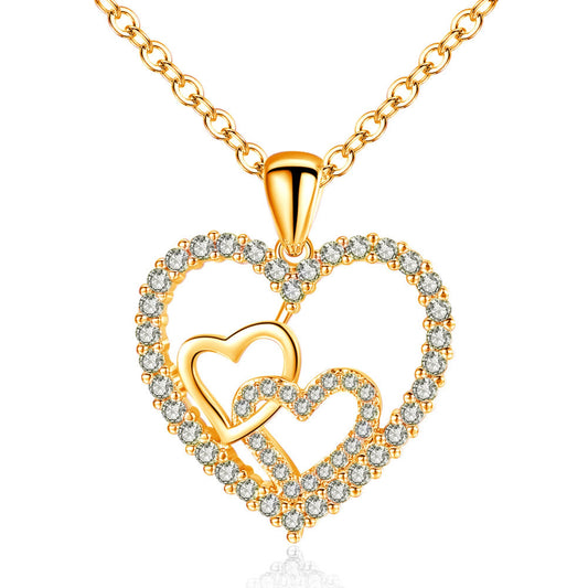 Double Heart Zircon Crystals Love Gold Tone Pendant Necklace