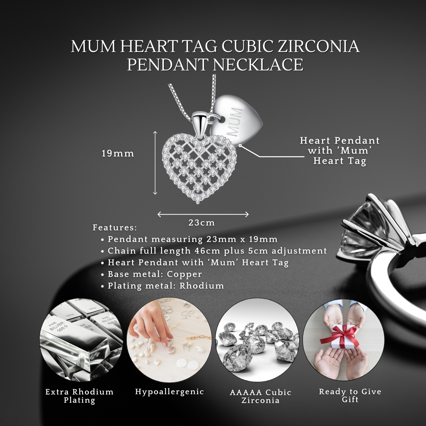 To My Mum Heart Pendant Necklace with MUM Heart Tag with Message card