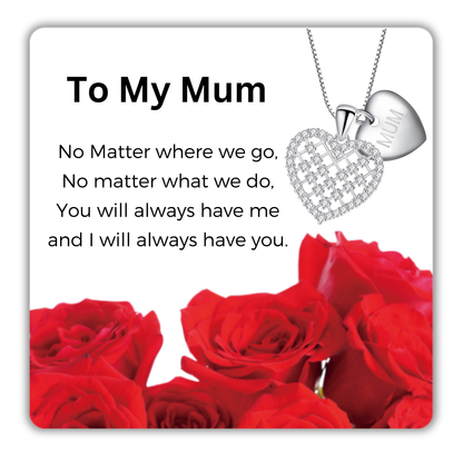 To My Mum Heart Pendant Necklace with MUM Heart Tag with Message card
