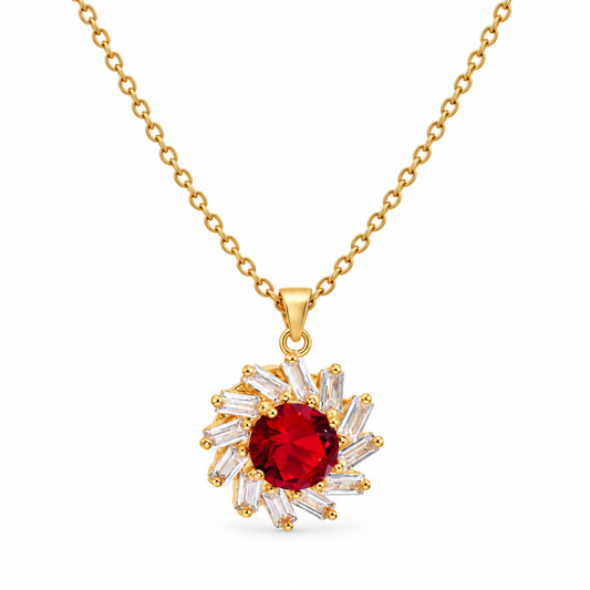Red Ruby Zircon Crystals Gold tone Pendant Necklace