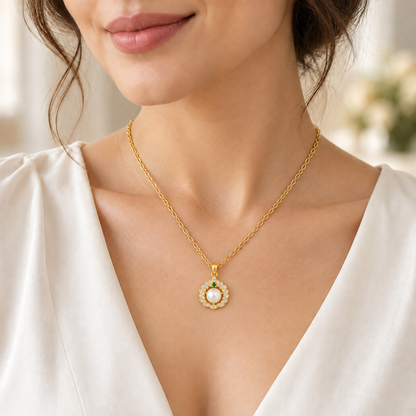 Leaf Shaped Round Pearl Crystal Gold Tone Pendant Necklace