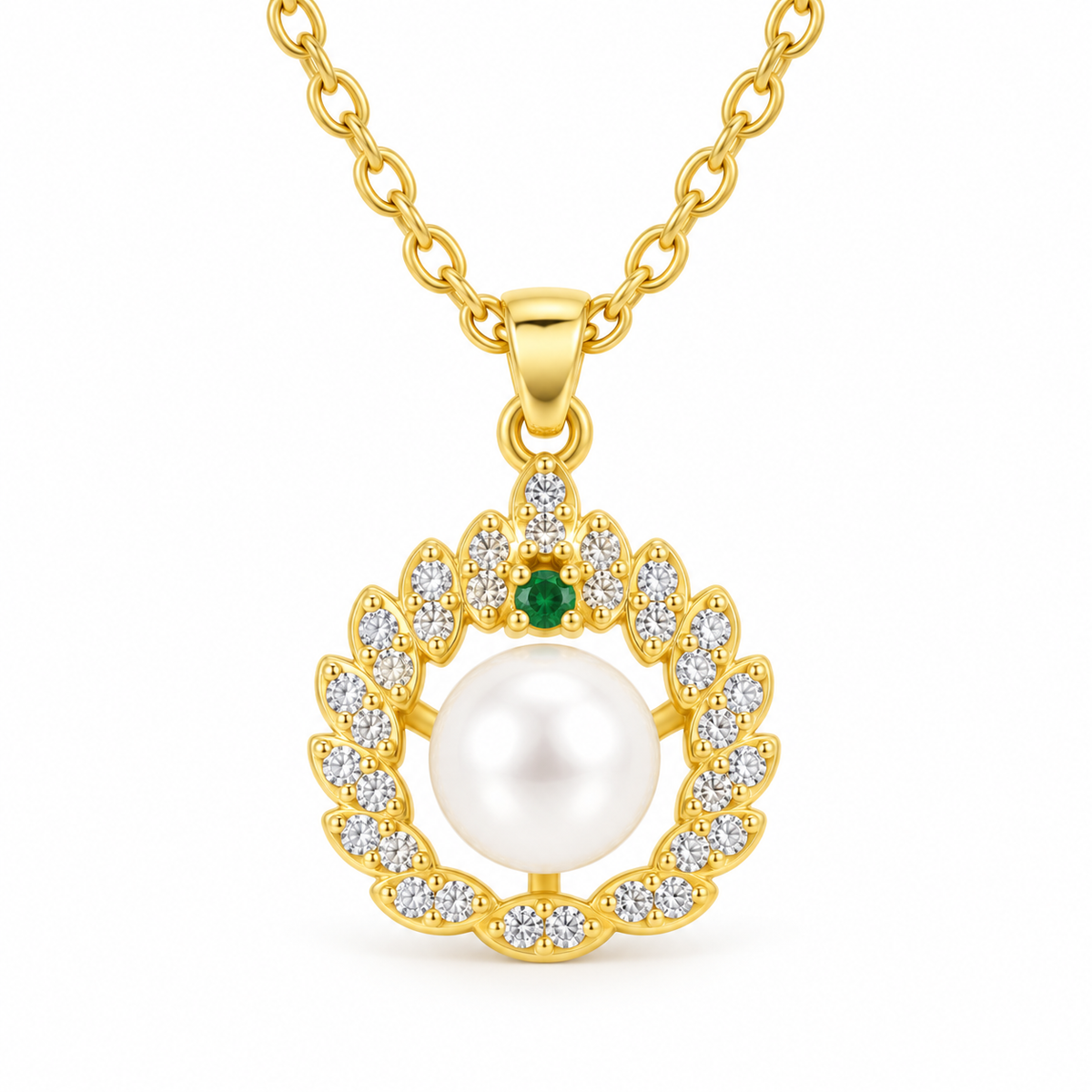 Leaf Shaped Round Pearl Crystal Gold Tone Pendant Necklace