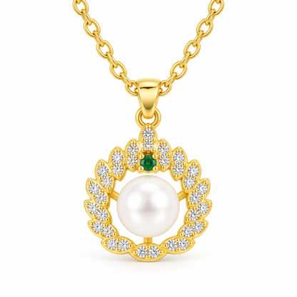 Leaf Shaped Round Pearl Crystal Gold Tone Pendant Necklace
