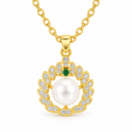 Leaf Shaped Round Pearl Crystal Gold Tone Pendant Necklace