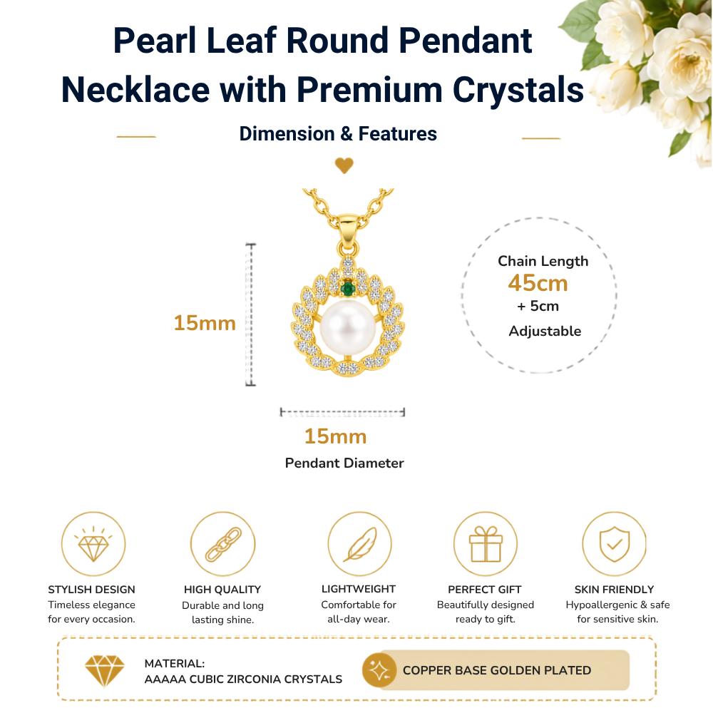 Leaf Shaped Round Pearl Crystal Gold Tone Pendant Necklace