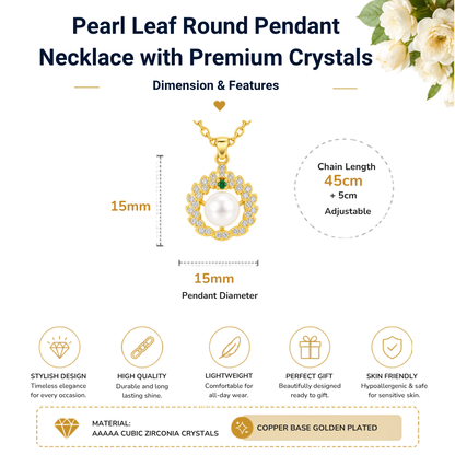 Leaf Shaped Round Pearl Crystal Gold Tone Pendant Necklace