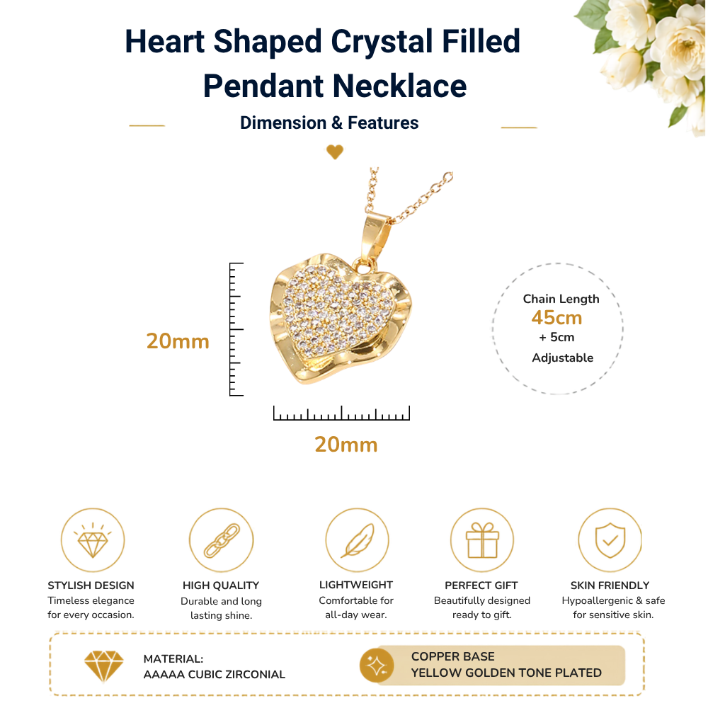 Crystal Filled Heart Shaped Gold Tone Pendant Necklace