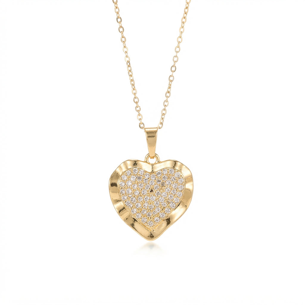 Crystal Filled Heart Shaped Gold Tone Pendant Necklace