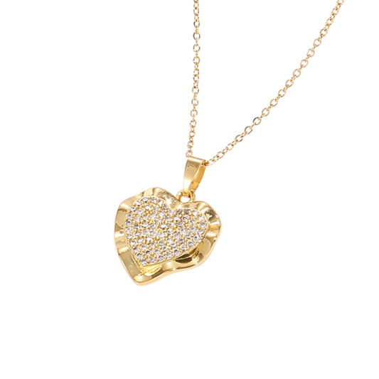 Crystal Filled Heart Shaped Gold Tone Pendant Necklace