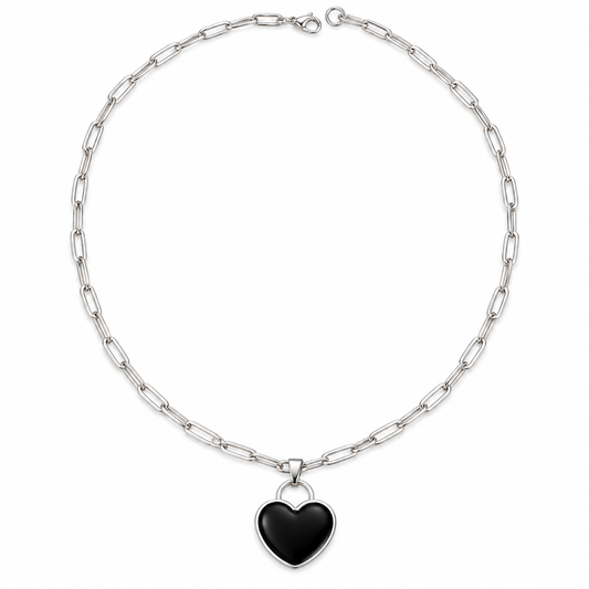 Heart Black Enamel Silver Tone Pendant Necklace