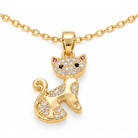 Cat Pet Crystal Filled Gold Tone Pendant Necklace