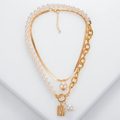 Gold Baroque Pearl Portrait Layered Chunky Chain Multilayer Choker Necklace
