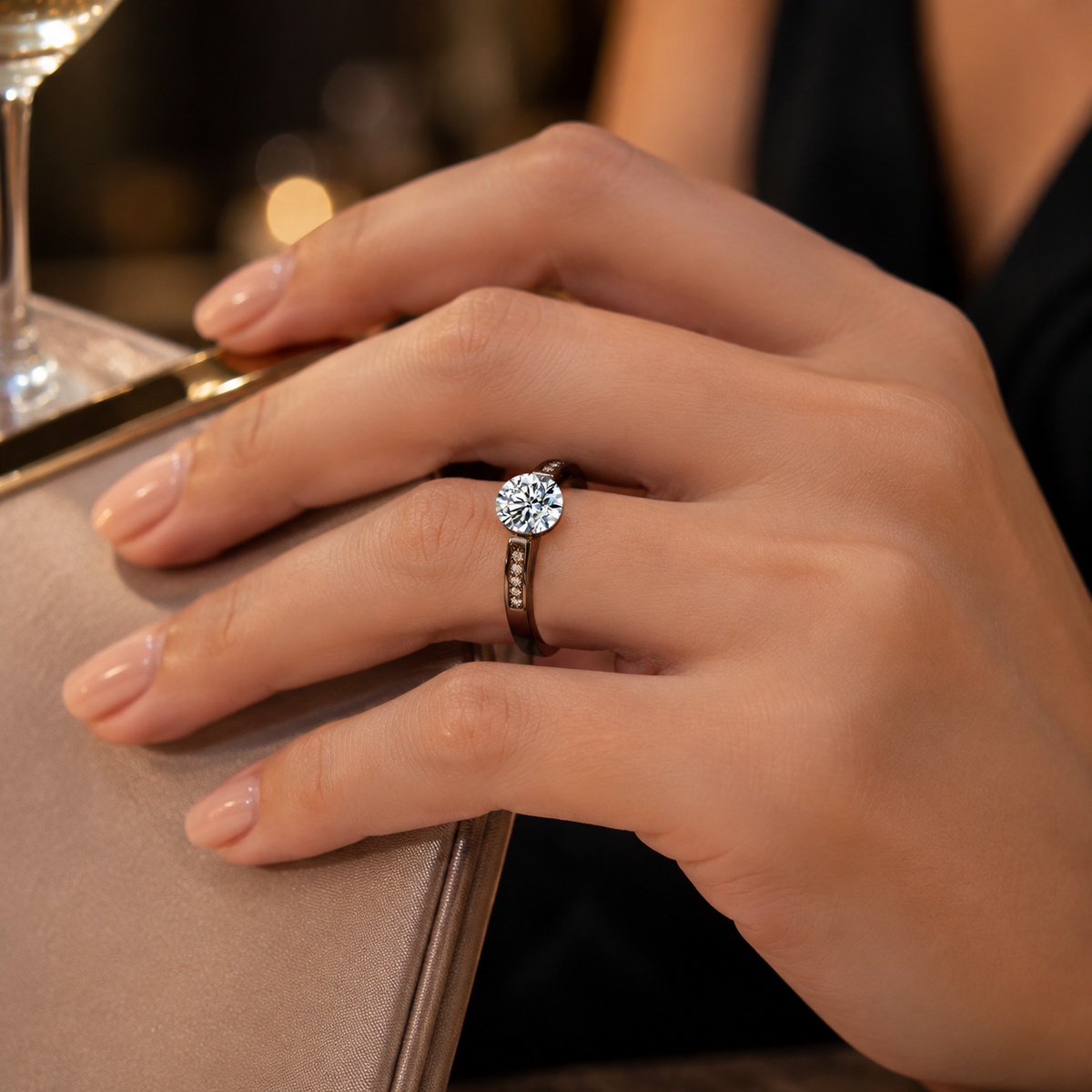 Solitaire Black Gold Plated Clear Zircon Crystal Ring