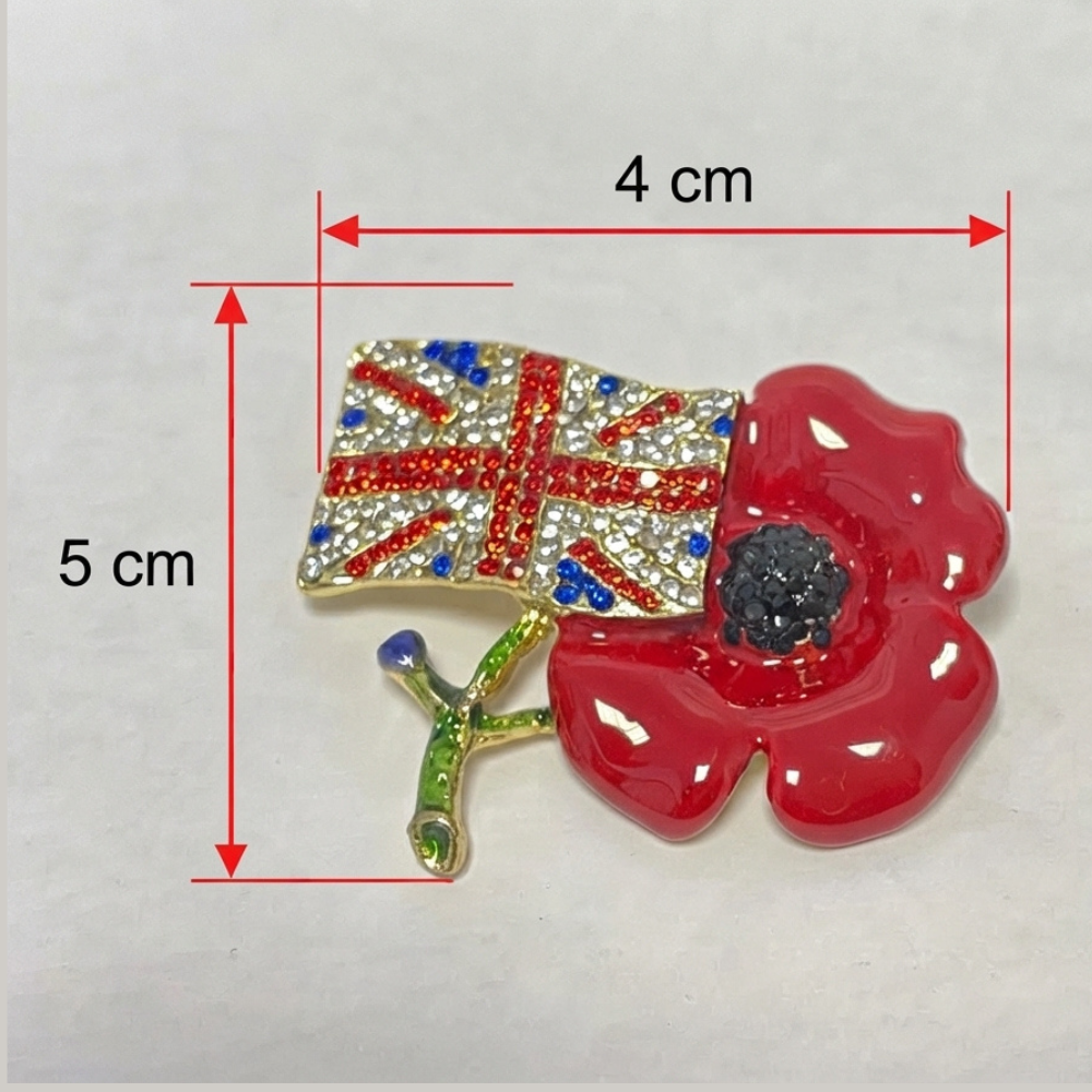 Luxury Women Poppy Brooch with Red Flower Diamantes UK Flag Pins Remembrance