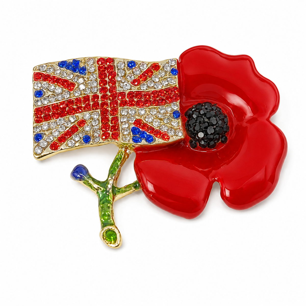 Luxury Women Poppy Brooch with Red Flower Diamantes UK Flag Pins Remembrance