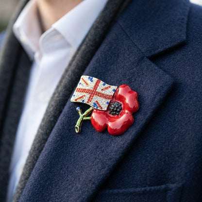 Luxury Women Poppy Brooch with Red Flower Diamantes UK Flag Pins Remembrance