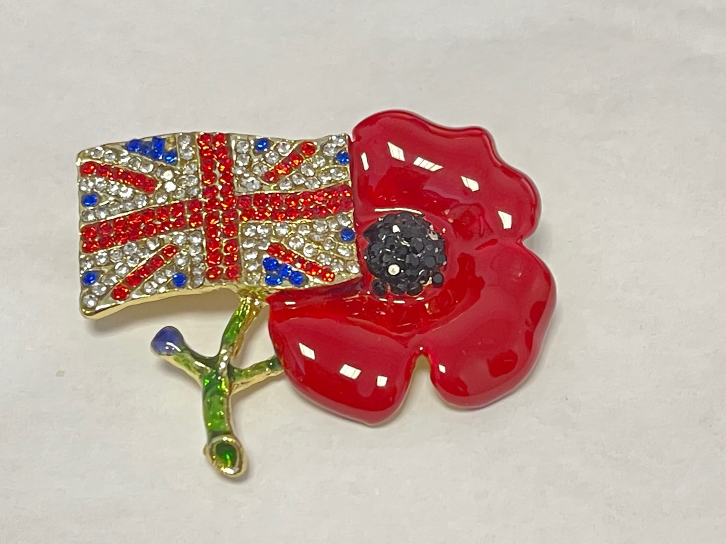 Luxury Women Poppy Brooch with Red Flower Diamantes UK Flag Pins Remembrance