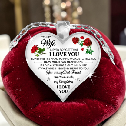 To My Wife Love Heart-Shaped Red Rose Silver Tone Pendant Necklace